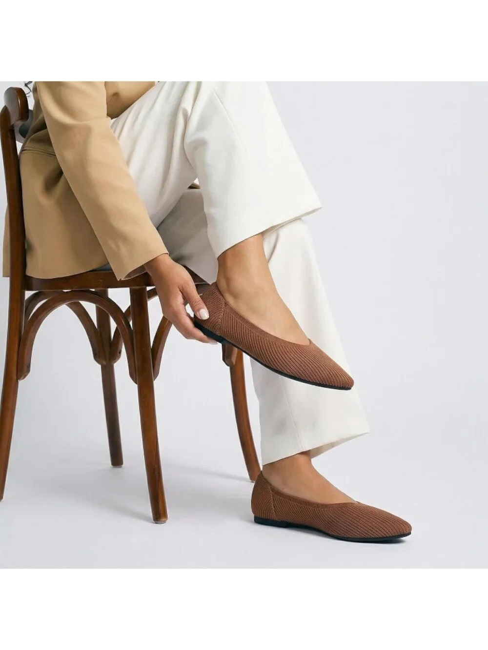 Women's Brown Pointed Toe Comfort Foldable Slip On Dressy Knit Ballet Flat Shoes